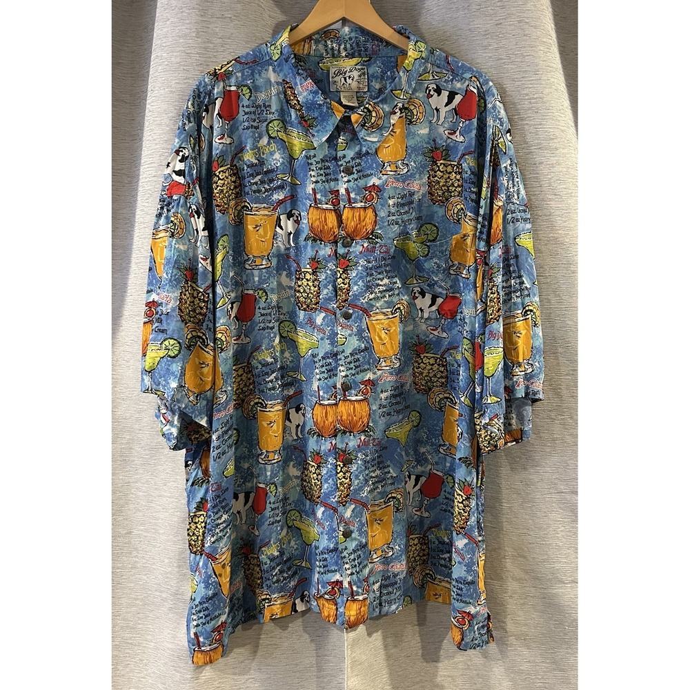 Vintage Big Dogs Mens 5XL Hawaiian Button Up Shirt Cocktail Drinks Print Rayon